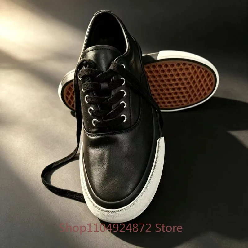 Designer Luxury Genuine Leather Thick Sole Premium Casual Board Shoes Men's Washed Horseskin Lace‑up Low Top Walking Sneakers