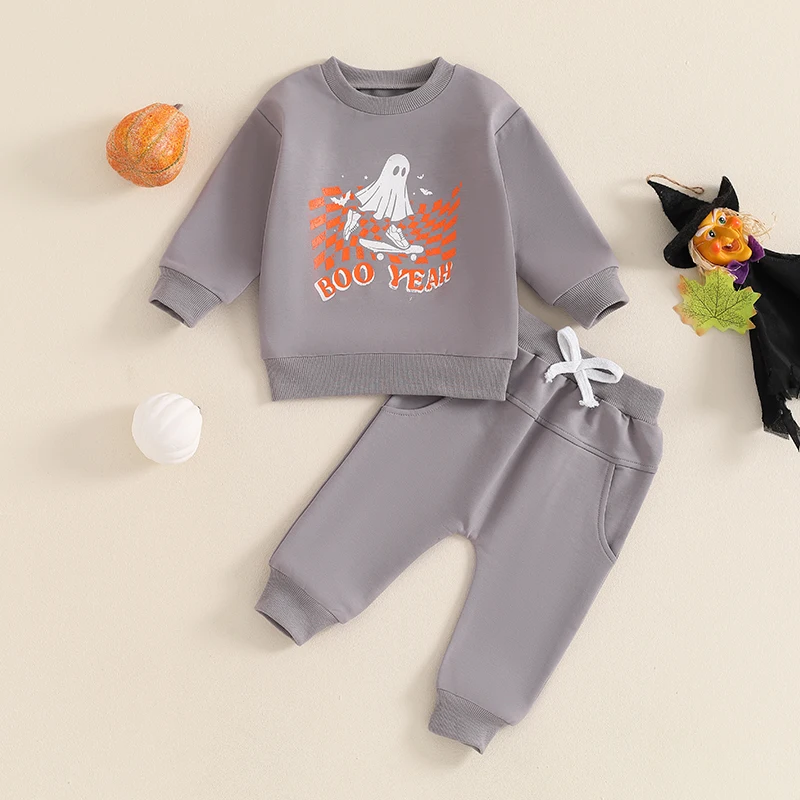 

Suefunskry Baby Boy Halloween Track Suit Letter Ghost Print Long Sleeve Sweatshirt and Elastic Waist Sweatpants Clothes 0-3Y