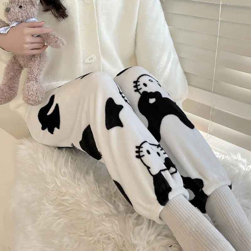 Halloween Sanrio Hello Kitty Plush Cotton Sleep Bottoms Pjs Pants 2023 New Cute Cartoon Flannel Winter Warm Casual Home Pants