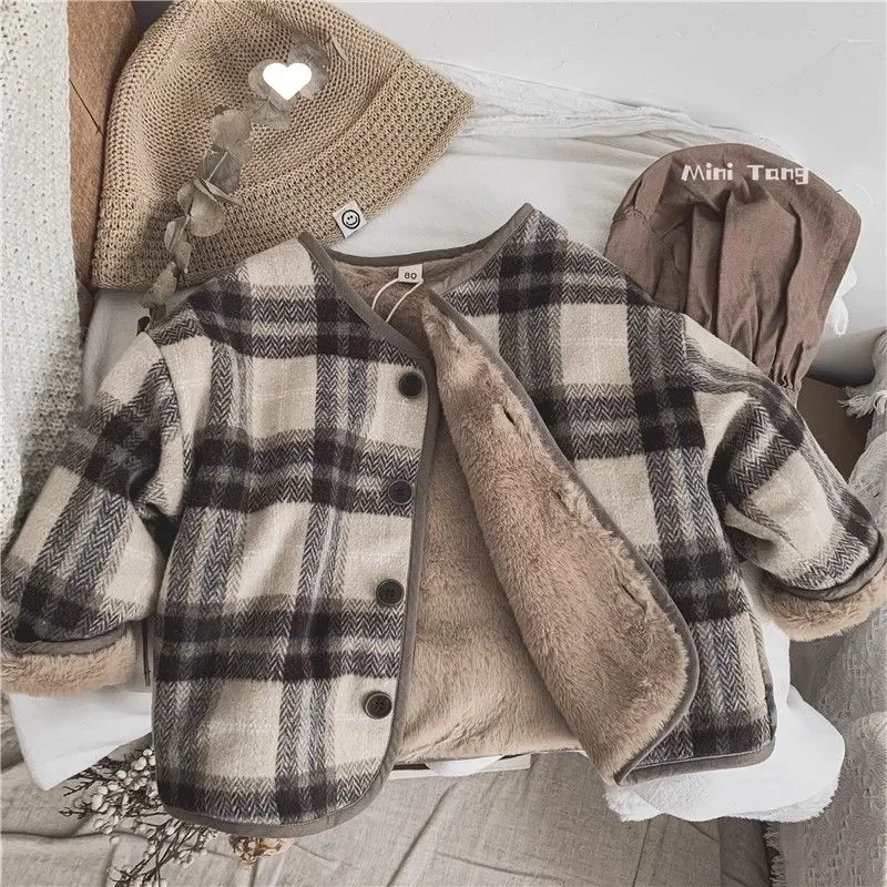 

Kid Coat Top Wool Coat Plaid Childrens Plus Cashmere Korean Style Autumn and Winter New Boys and Girls Loose Baby Cotton Coat