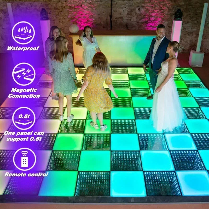 ل المغناطيسي Led أرضية الرقص الزفاف المحمولة ثلاثية الأبعاد التفاعلية Piste De Danse Lumineuse Led إنفينيتي مرآة أرضية الرقص اللاسلكية