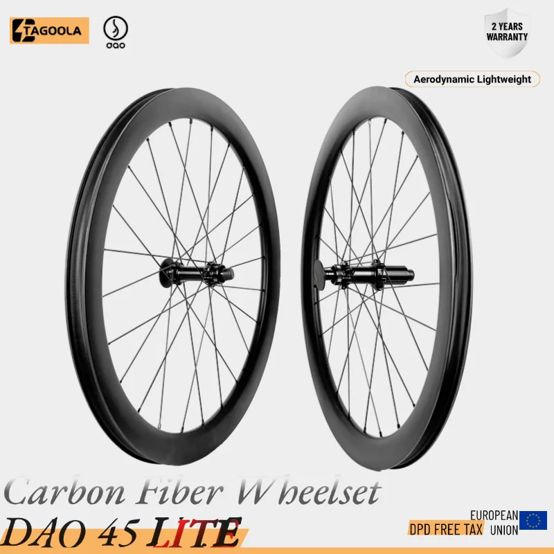 TAGOOLA DAO45 LITE 700C Road Bike Carbon Wheelset Ultralight Road Disc 45mm Bike Balanced Stiff 4 Pawl Wide 30 mm Road Wheels