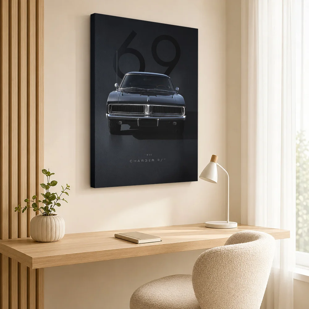 American Charger R/T 1969 Black Muscle Car Canvas Print Posters Sleek Wall Decor With Personalized Photo For Workshop Ideal Gift