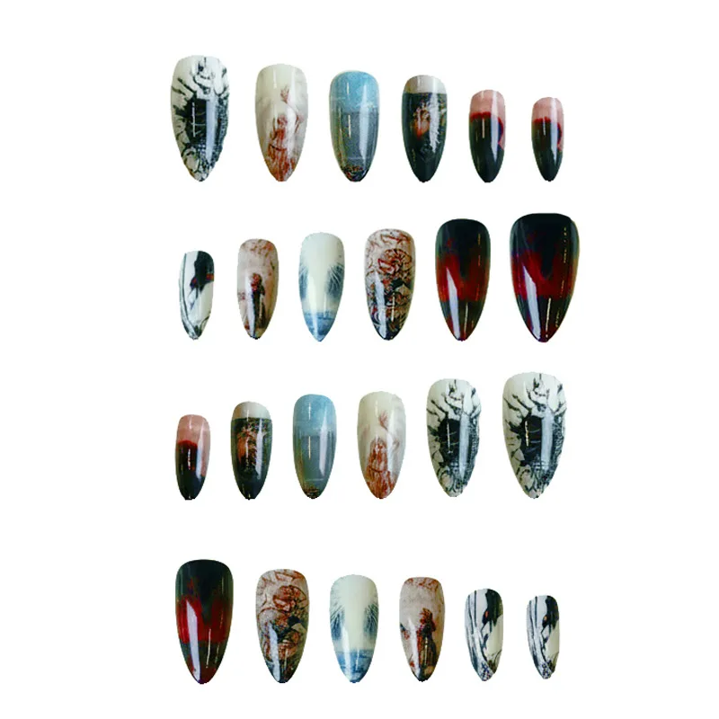 10 Stück künstliche Nägel im französischen Stil mit Mandeln, Hell's Angels, dunkles Halloween-Thema, zum Aufdrücken der Nägel, vollständige Abdeckung, Party, tragbarer falscher Nagel