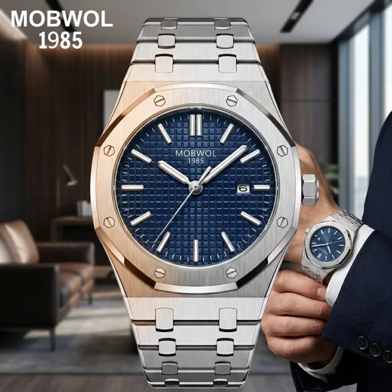 

MOBWOL 1985 Luxury Rose Gold Men's Quartz Watch 40mm Waterproof Stainless Steel Wristwatch Luminous Calendar Business Watch