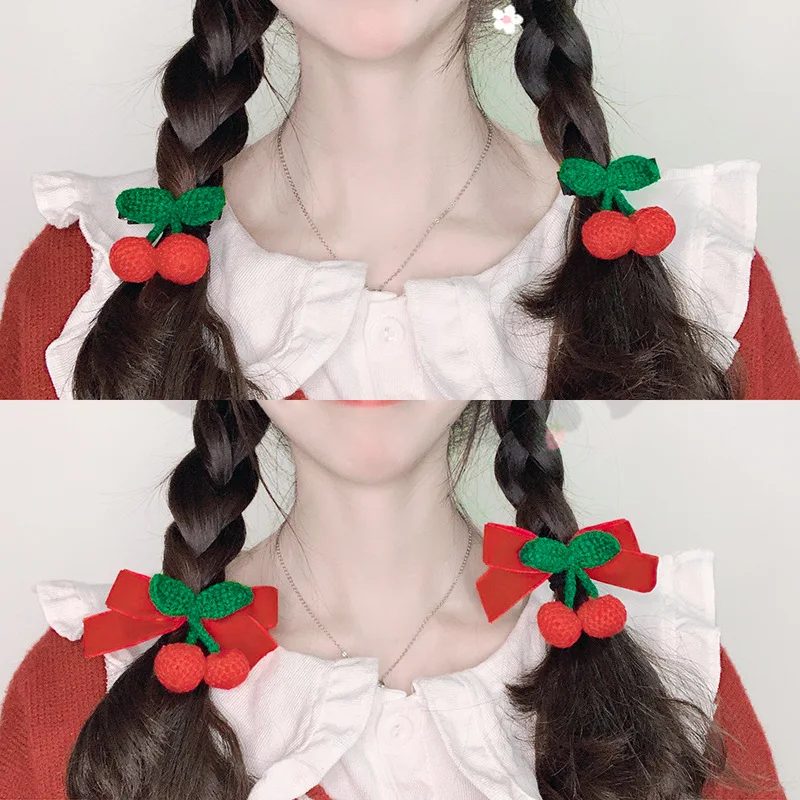 

Вязаные заколки для волос в виде вишни для девочек, зажимы для боковых прядей, милые японские заколки в стиле каваи, зимний аксессуар для волос