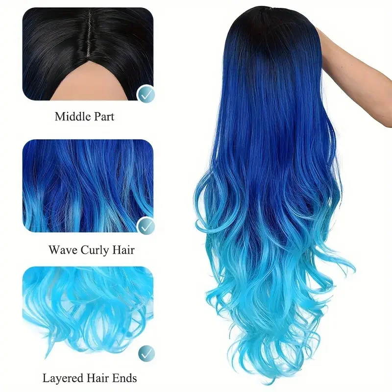 30Inch Long  wave wig Synthetic Hair Wig Black Blue Purple Gradient For Women  For Halloween Daily Cosplay Party wig
