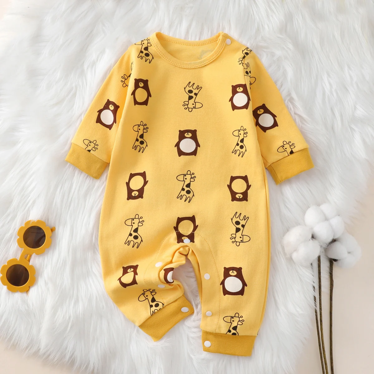 hibobi 100% Cotton Newborn Jumpsuit Comfortable Cute Animal Patterns Round Neck Baby Crawling Suit 0-18m Toddler Onesie