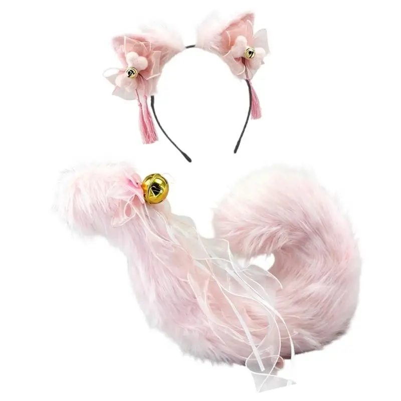 A52E Anime Cosplay Requisiten Katzen Ohren und Schwanz Set Plüsch Pelzigen Ohren Hairhoop mit Schwanz – Detail 5