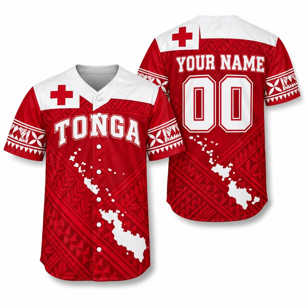 Tonga Heritage Shirts with Red White Artwork Baseball Jersey Personalized Name Number and Tropical Pattern Jerseys Shirt