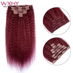 Kinky Rechte Clip Ins Haar Verlenging Menselijk Haar 12-24Inch Bordeauxrode Kleur Kant Clip In Haar 7 Stks/set Remy Human Hair Extensions