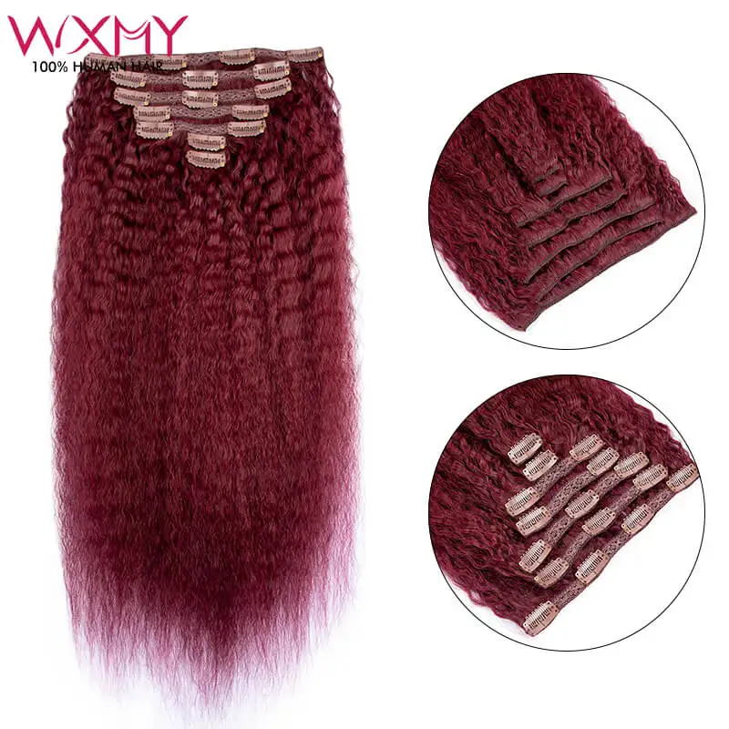 Kinky Straight Clip Ins Hair Extension Human Hair 12-24Inch Burgundy Color Lace Clip In Hair 7pcs/set Remy Human Hair Extensions