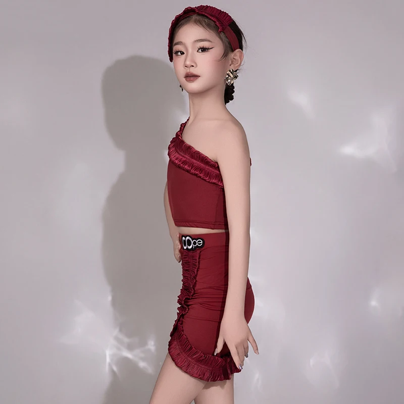 New Kids Latin Dans Kleding Meisjes Wijnrood Tops Rok Cha Cha Dans Praktijk Kleding Trainingspak Prestaties Kostuum BL14821