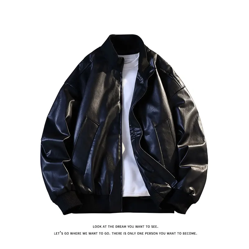 ربيع الخريف قصيرة المتضخم الأسود لينة بولي Leather سترة جلدية الرجال سستة معاطف جلدية ملابس عادية الأمريكية خمر #3