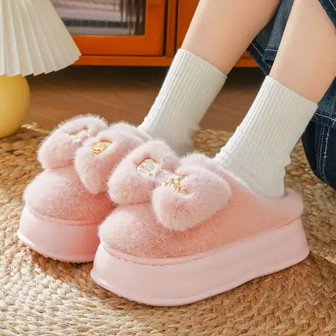 New pink bow slippers winter women's shoes thick sole fuzzy slippers for home mules shoes woman fluffy metal bear house slipper