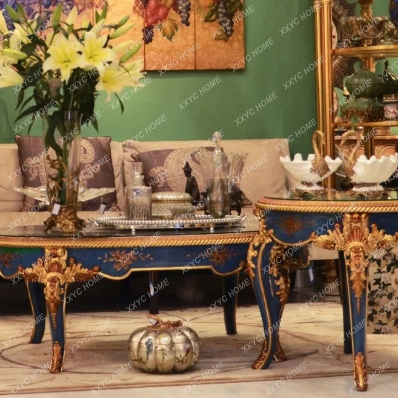B73 Exquisite Royal Style Solid Wood Carved Luxury Hand-painted Blue Gold  Villa Living Room Coffee Table