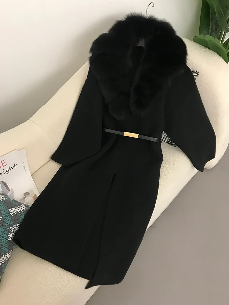 Frauen Natürliche Fuchs Pelz Kragen Gürtel Lange Lose Dicke Warme Oberbekleidung Pullover Stricken 2025, Echt Pelzmantel Winter Jacke