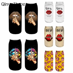 New Fashion Ostentatious Red Lips Leopard Graphic Women Base 3D Printed Tongue Kiss Letter Funny Girls Ankle Socks Dropship