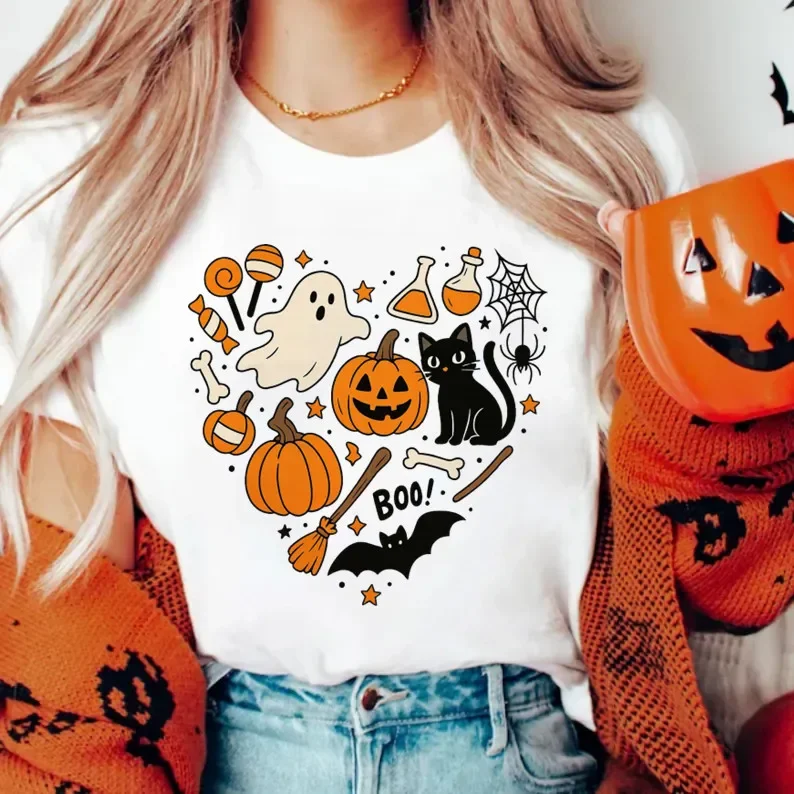 

2025 Halloween Ghost Pumpkin Prin T-shirts Women Spooky Season T Shirt Short Sleeve Tops Casual Clothing Female O-neck Tees