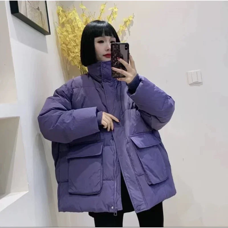 Women's Stand Collar Puffer Coat, Female Down Jacket, Loose Down Waist, Thick Outerwear, Winter Fashion, New, 2024