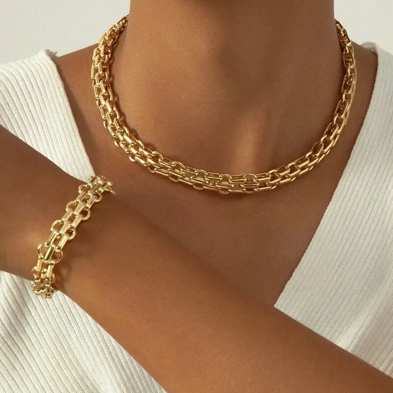 2 PCS Set Gold Color Link Chain Necklace Bracelet Set Punk Bracelet Big Link Chain Dubai Africa Party Jewelry Set Gift FOr Women