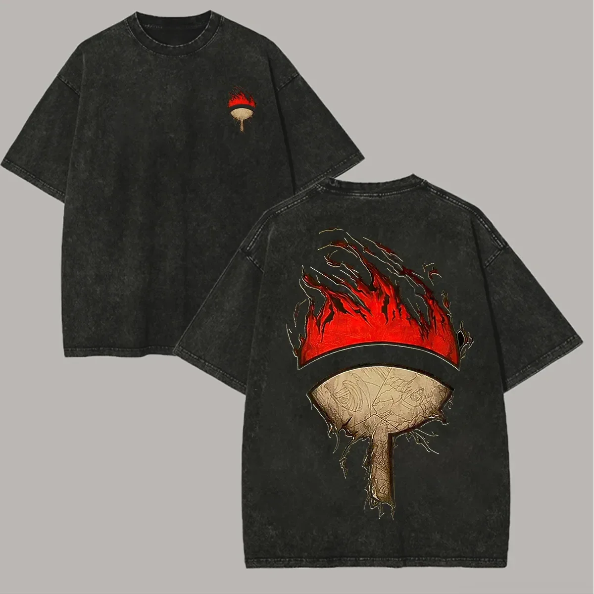 Uchiha Clan T Shirt Naruto Men Acid Wash Back Print Crest Fire Anime Graphic Cotton Streetwear Manga Itachi Sasuke Vintage Tee