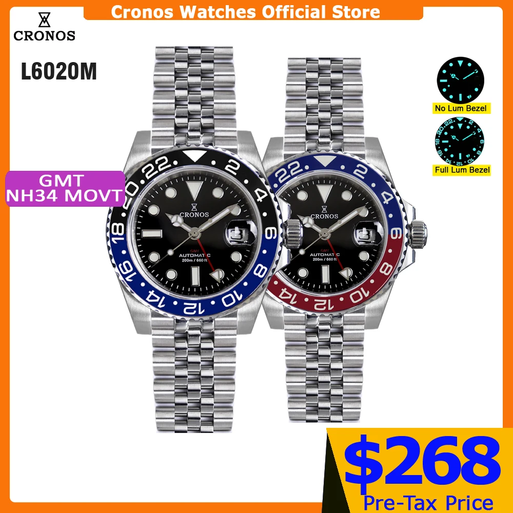 Cronos GMT NH34 Automatic Men WatchBidirectional Bezel Sapphire 20 ATM Solid, 5 Links Metal Bracelet  BGW-9 Lum L6020M