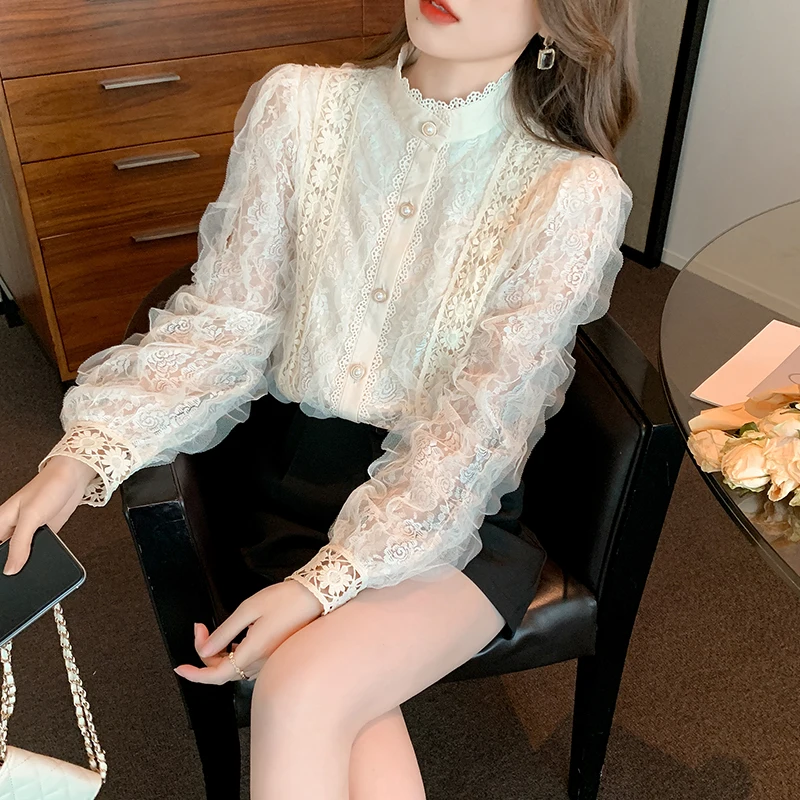 QOERLIN High Heavy 2022 New Women Lace Blouse Shirt Ruffles Hollow Out Elegant Tops Long Sleeve Blouse Single Button Floral Tops