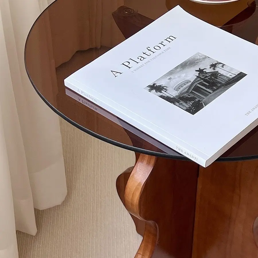 Table Basse en Bois Massif, Table d'Appoint de Canapé, Petite Table d'Appoint Ronde, Table de Lecture de oral et, Verre Brun Médiéval