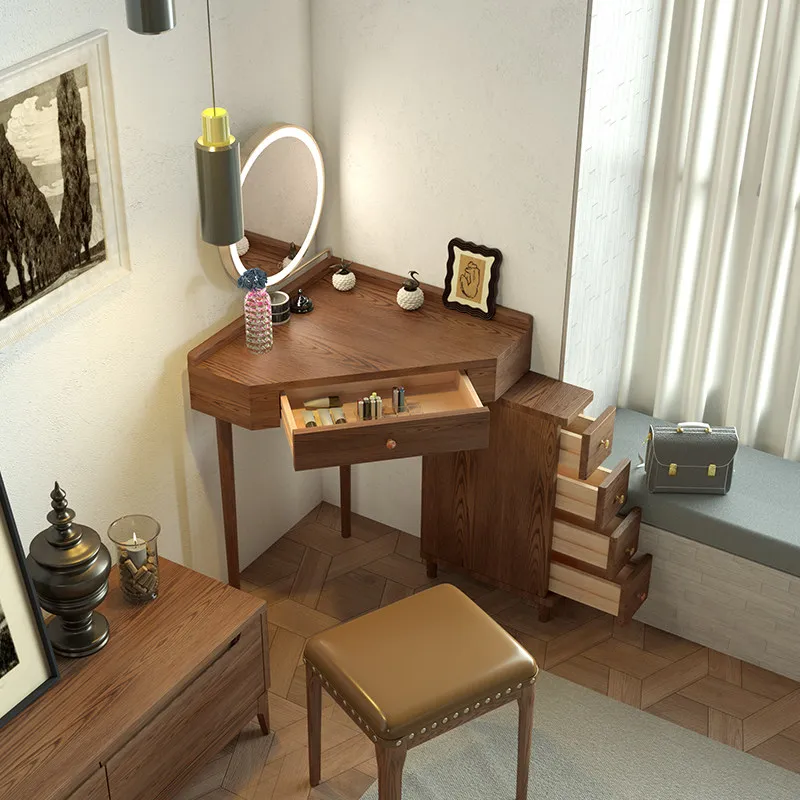

Pure solid wood corner dresser bedroom minimalist Nordic small makeup table triangular corner makeup table