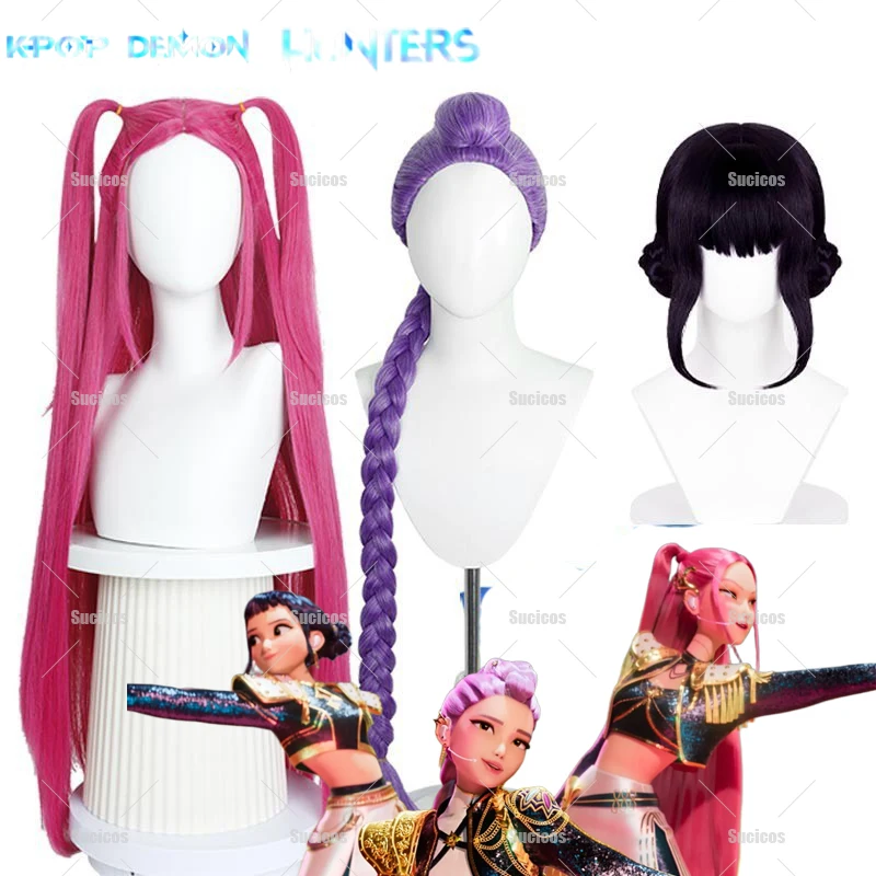 

Kids Girls Kpop Cosplay Wig Mira Rumi Zoey Demon Hunters Purple Black Red Hair Heat Resistant Synthetic Wigs Woman Halloween Cos