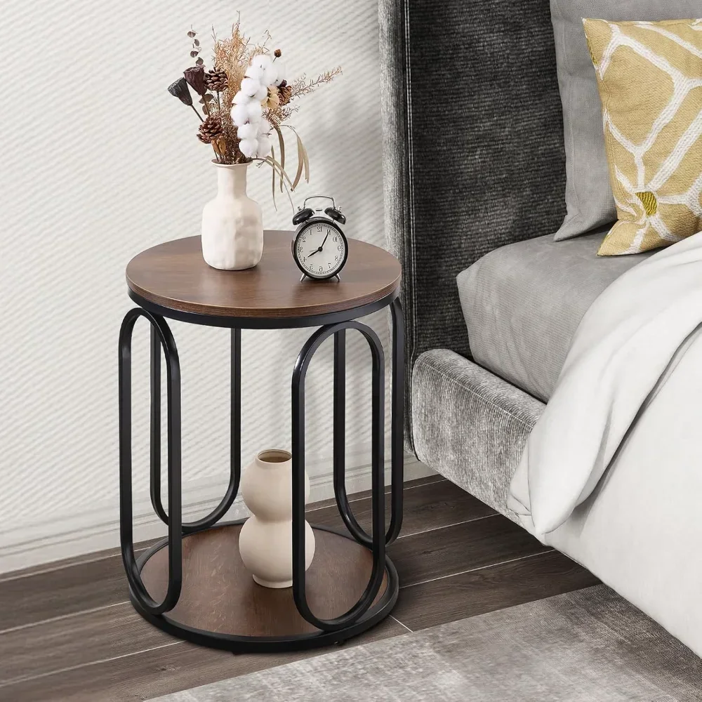 

Round End Table, Tier Industrial Side Table with Metal Frame, Wood Nightstand