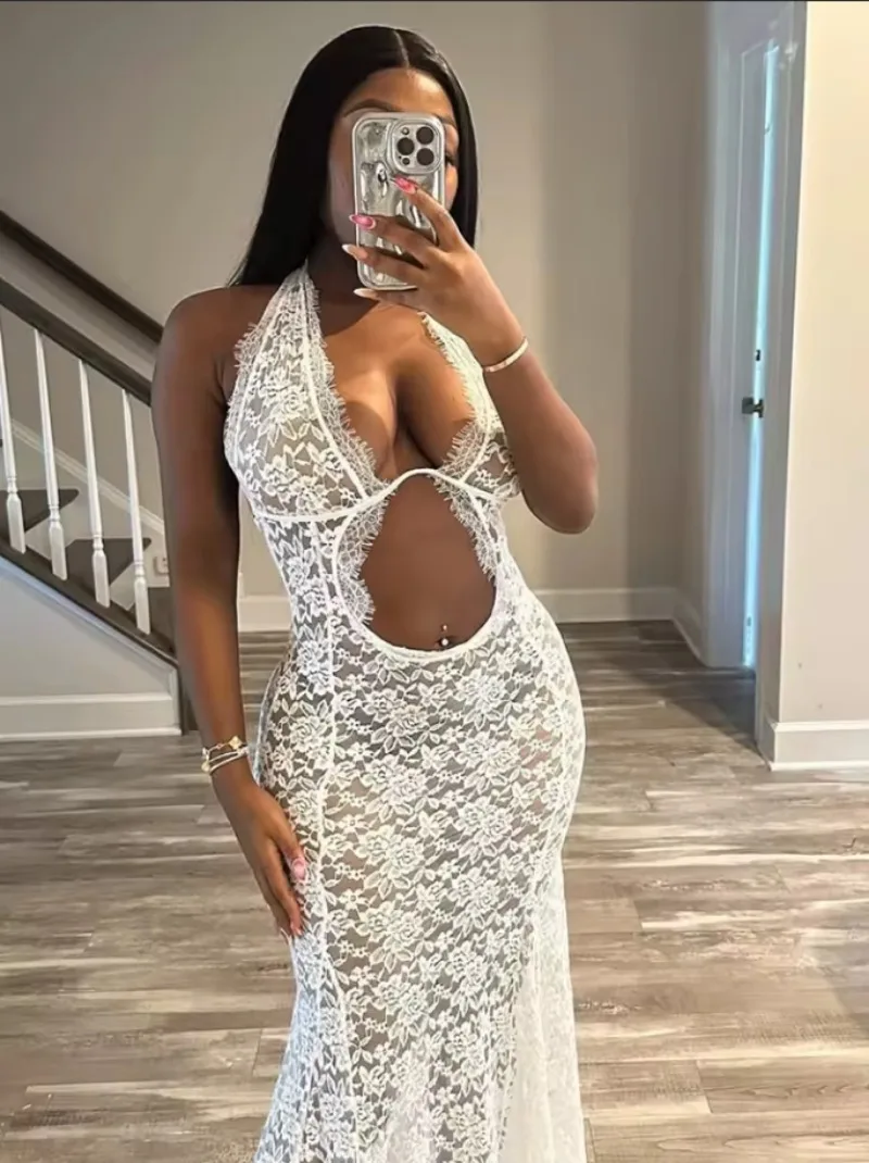 DSMTRC エレガントなカットアウトホワイトシースルーアンダーワイヤーレースマキシドレスガウンホリデーローブ女性のためのシアーレース花パーティードレス