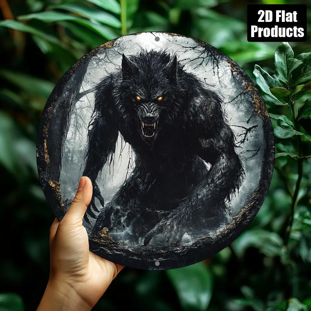 2D Flat,Werewolf-themed, Round Aluminum-iron Decorative Plaque, Home Decor, Suitable for Bar, Kitchen, Cafe, Family Room,