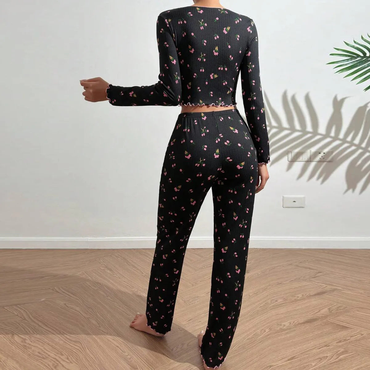 Pajamas casual sexy lapel roll edge long sleeve pants outside the home wear 2-piece set