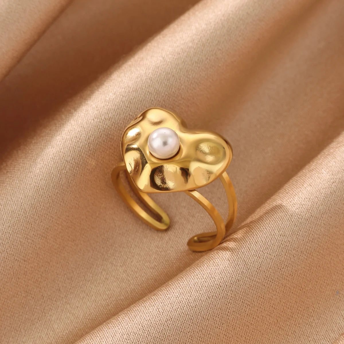Geometrische Herz-Perlen-Textur-Ringe für Frauen 18K Vergoldeter Edelstahl Herz-Öffnungsring Hochzeit Weihnachten Schmuck Geschenk