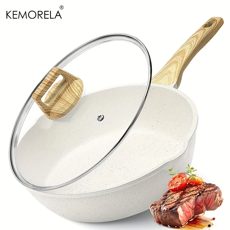 

KEMORELA Non-Stick Fry Pan No Intentionally Added Pfas/Ptfe Non-Toxic Deep Fry Pan With Lid Enlarged Cooker Stay Cool Handle