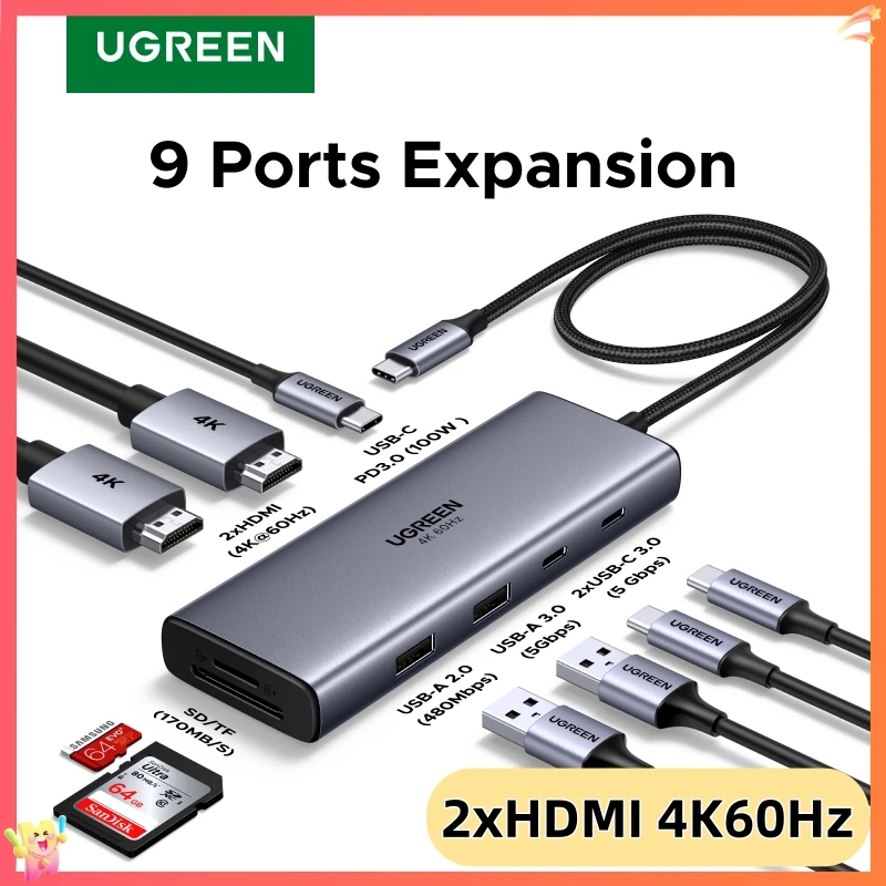 UGREEN HUB USB C 9-em-1 com Dual HDMI 4K60Hz, Portas de Dados USB3.0 Tipo-C e USB-A, PD100W para Laptops Windows HP Dell Lenovo Samsung