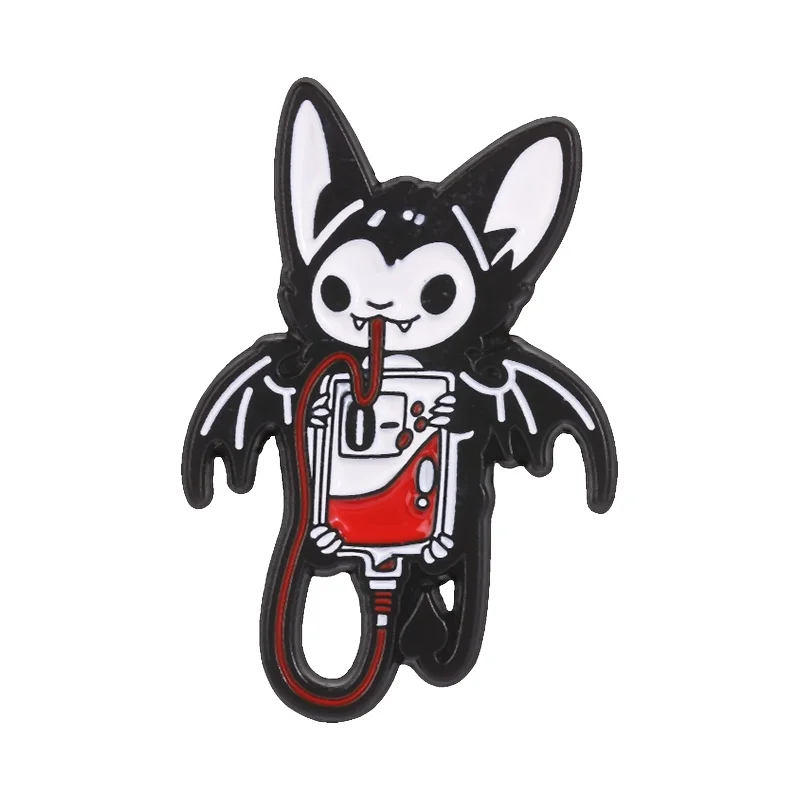 Horror Gothic Bat Drinking Blood Bag Badge Enamel Pin Punk Vampire Bat Badge for Halloween Backpack Jacket Hat Jewelry Accessory