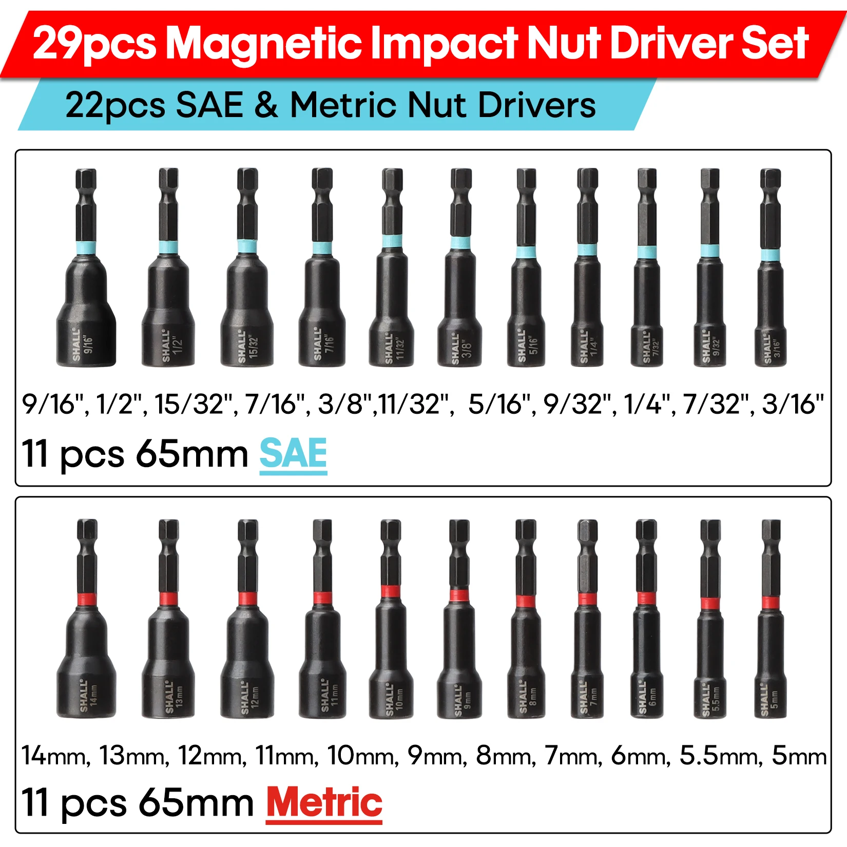 SHALL 29Pcs Magnetic Nut Driver Set Impact Drill Driver Bit 1/4\