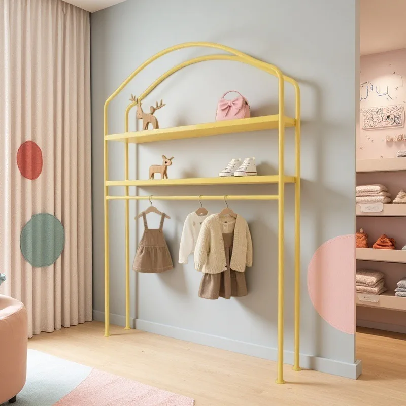 Children's clothing store shelf floor-to-ceiling yellow rack special display hanging clothes