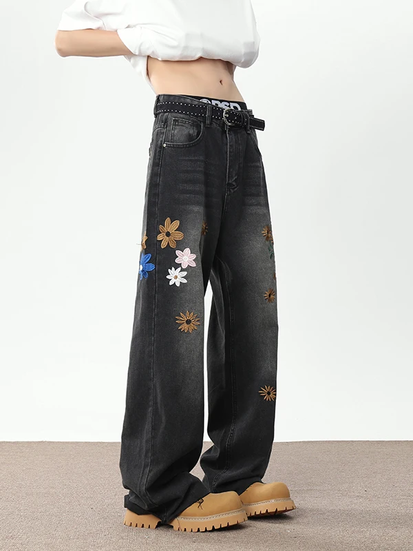 

Джинсы свободного кроя с японской цветочной вышивкой в стиле ретро, ​​повседневные универсальные мужские длинные брюки, удобные, износостойкие