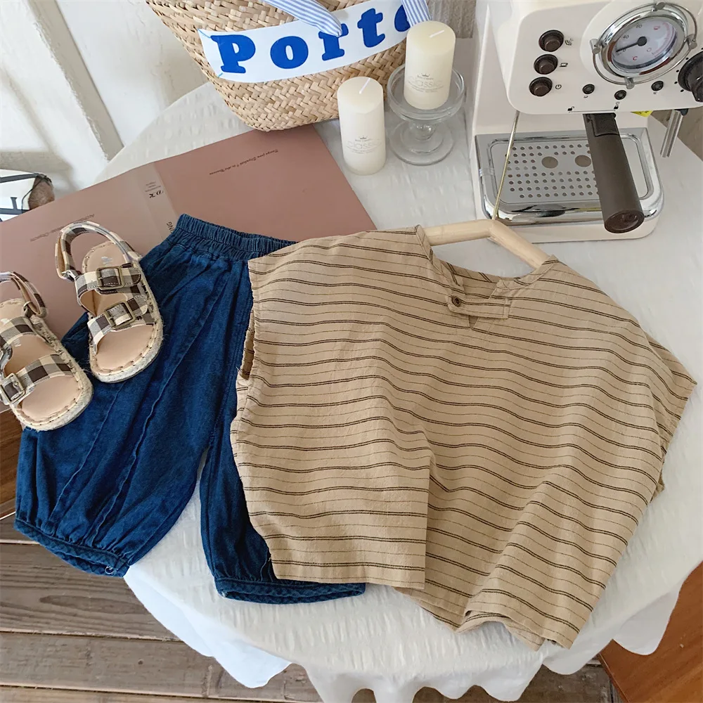 

Kids Summer T-shirts 2025 New Korean Fashion Cotton Linen Short-Sleeve Striped Top Boys Girls Casual Daily Clothing