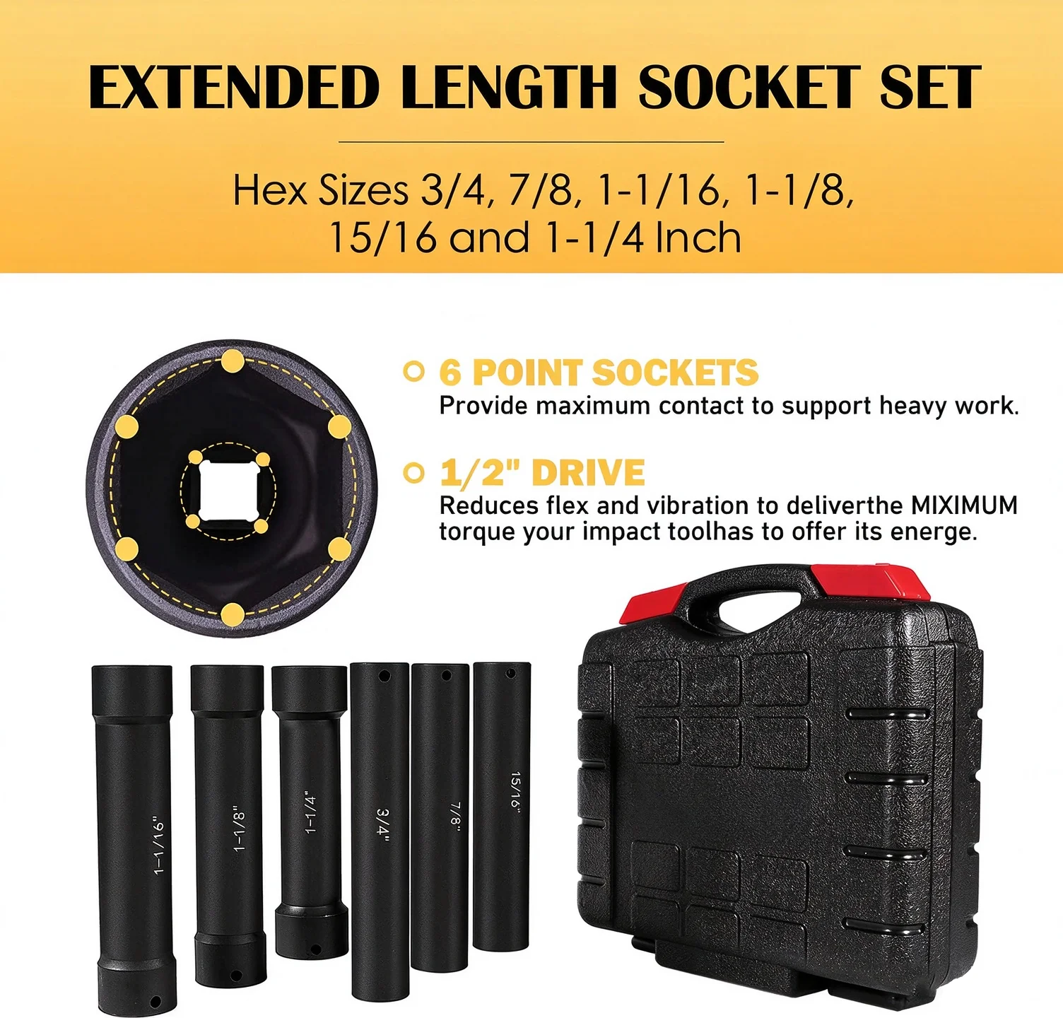 1/2 Inch Drive Extended Length Impact Socket Set 6 Sizes - Hex Sizes 3/4