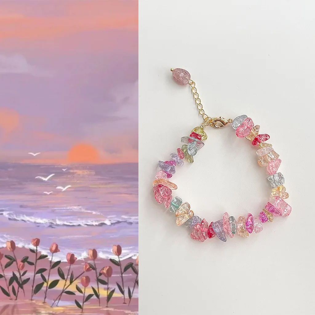 

Handmade Natural Stone Pink Crystal Bead Chain Bangle Women Fashion Bracelet