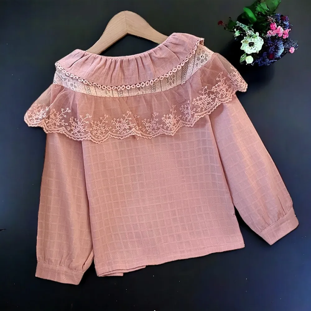 Baby Kids Outfits Girls Shirts Long Sleeve Pink Lace Blouses School Uniform Tops Teenagers Children Costumes  5 7 9 10 12 Years