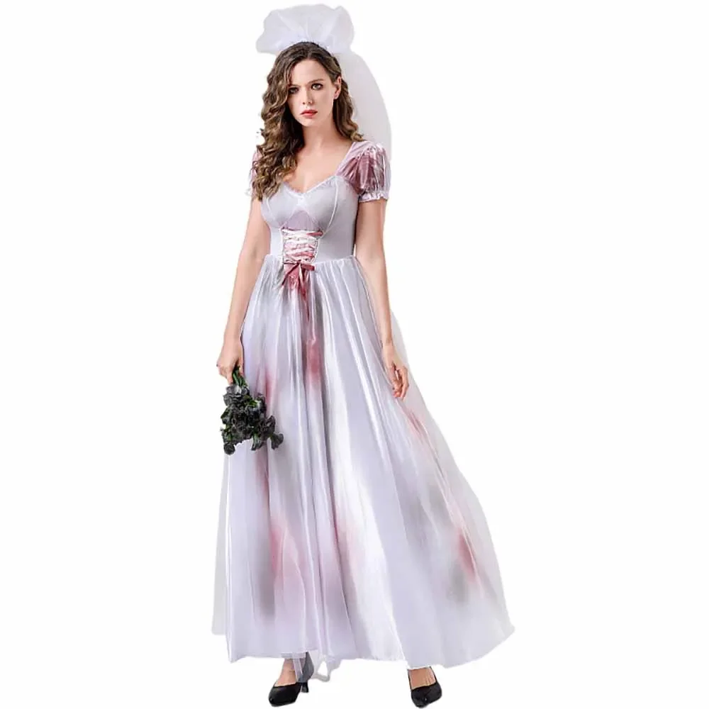 

Halloween Horror Ghost Bride Performance Cosplay Costumes Horror Witch Vampire Bride Fancy Costume Vampire White Long Dress