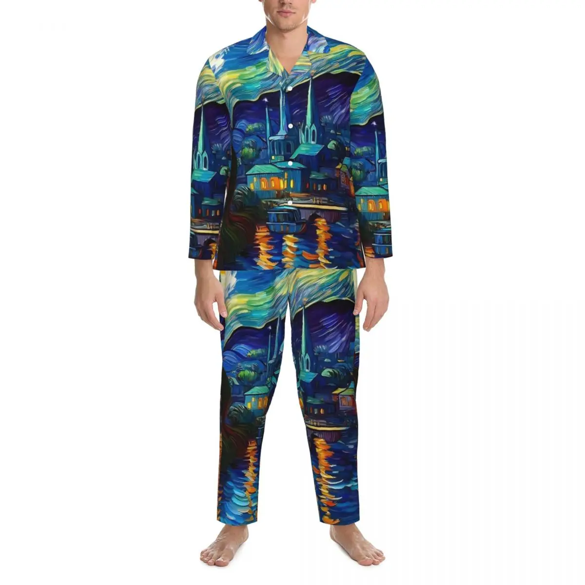 Van Gogh Inspired Starry Night Pajamas Man Romantic Sleep Nightwear Autumn 2 Pieces Retro Oversized Printed Home Suit