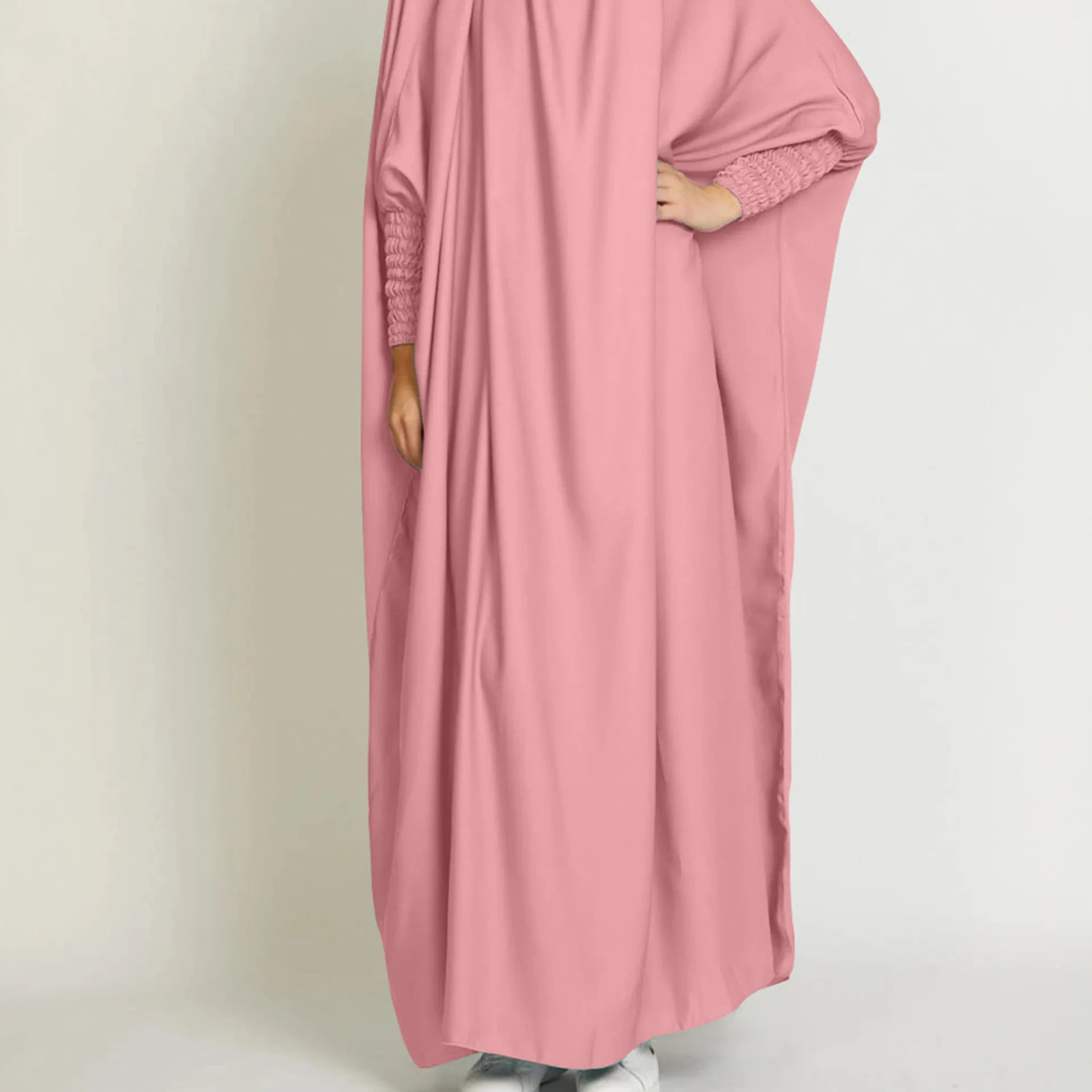 Women Muslim 2 Set Solid Color Plus Long Sleeve Thobe One-size Longuette Overall Abaya Thobe with Hoodied Hijab