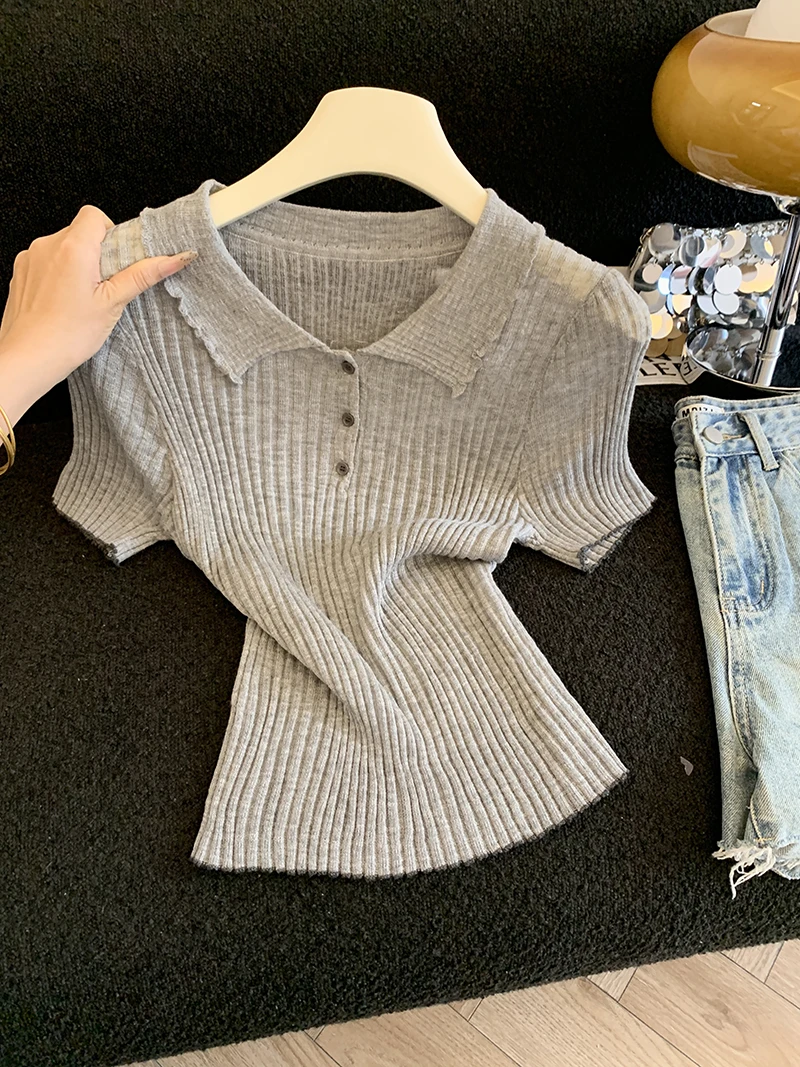 

Women's Polo Neck Wwooden Ear Short-Sleeved Knitted Shirt 2026 Summer Slim-fitting Slightly Transparent Thin Top